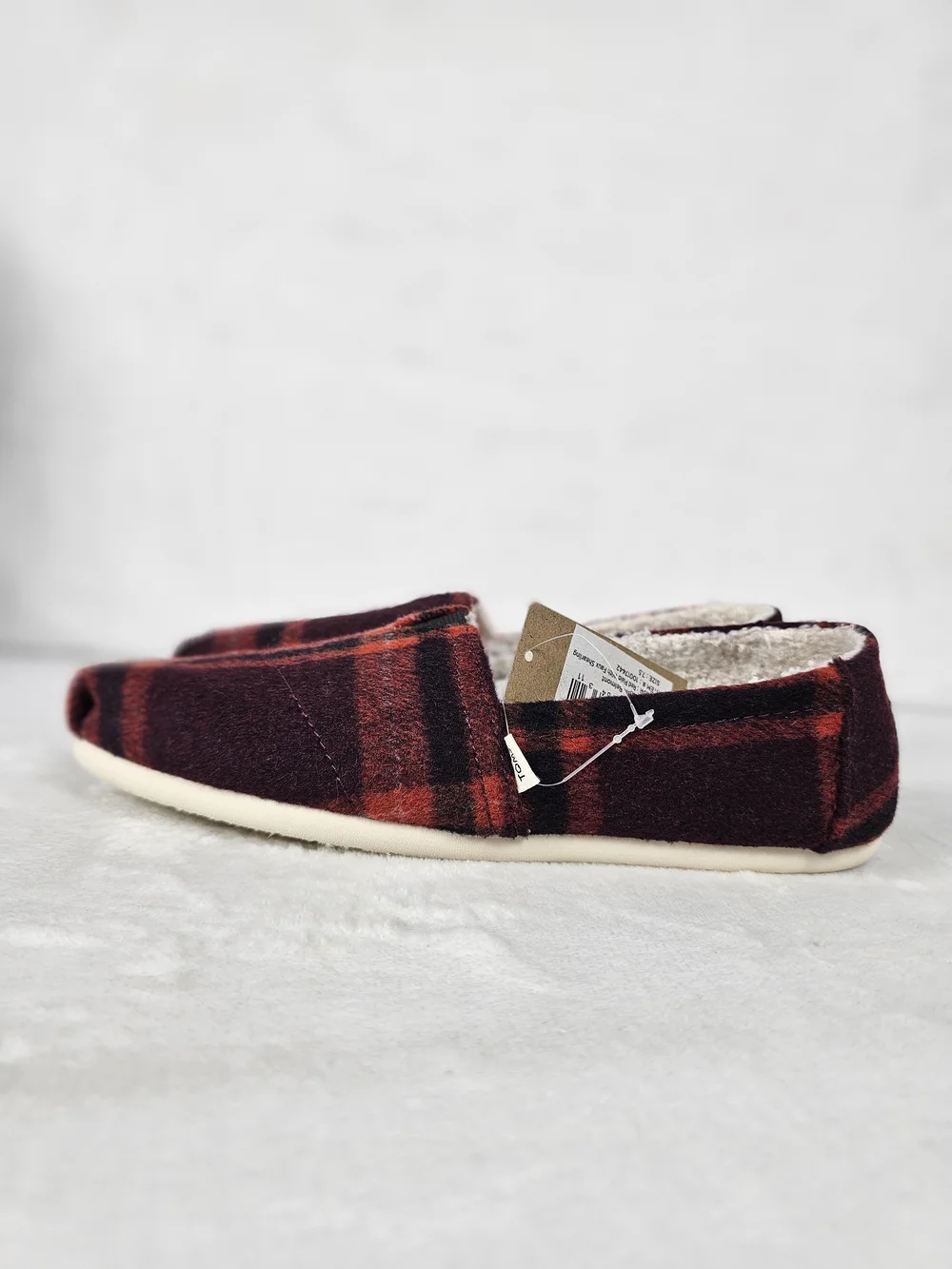 TOMS Alpargata Flat Wool Red Plaid Women's 7.5 Faux Fur Slip On Shoes Boho Cute